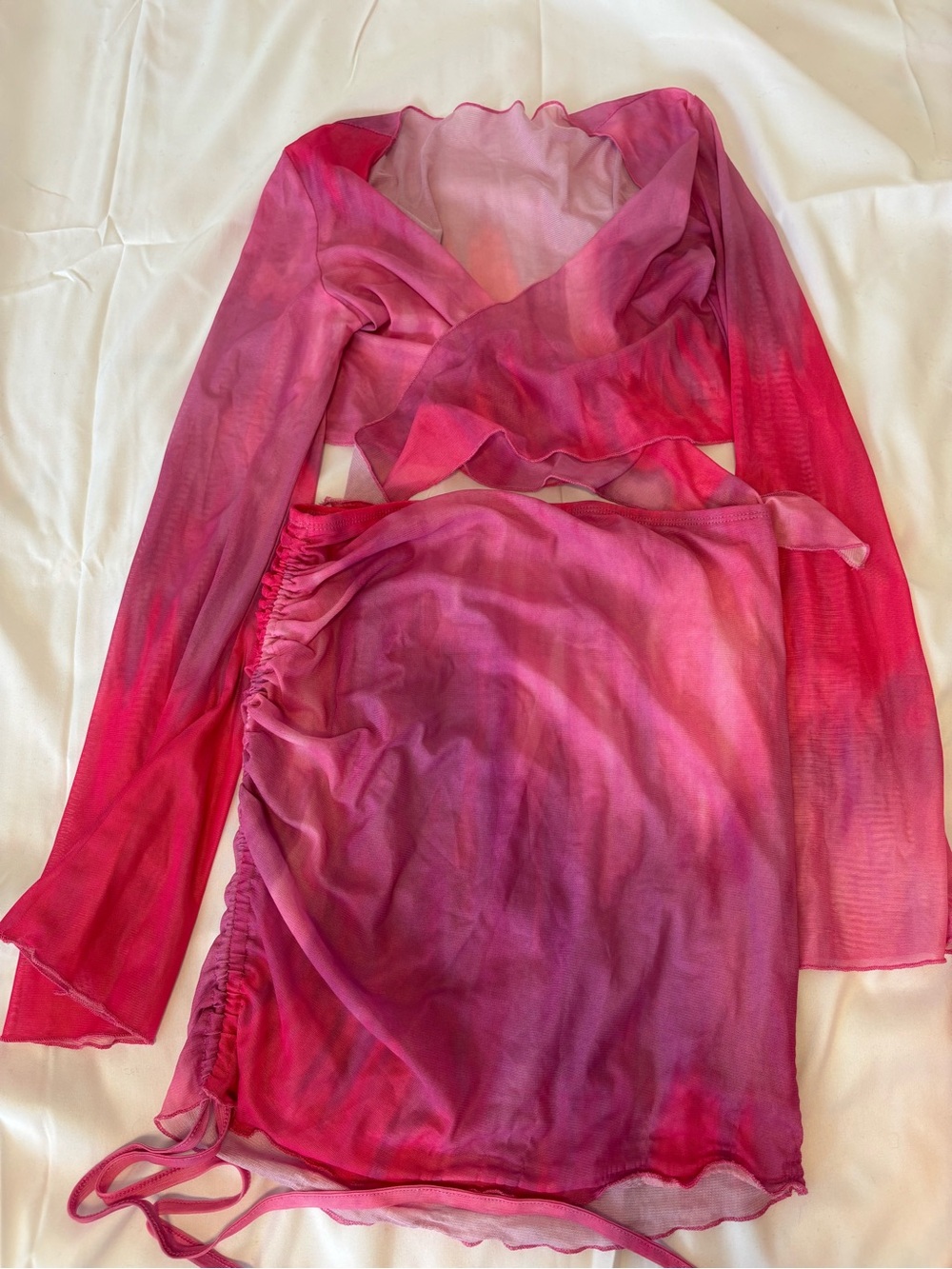 SHEIN Pink Ombre Mesh Wrap Crop Top & Ruched Skirt Set